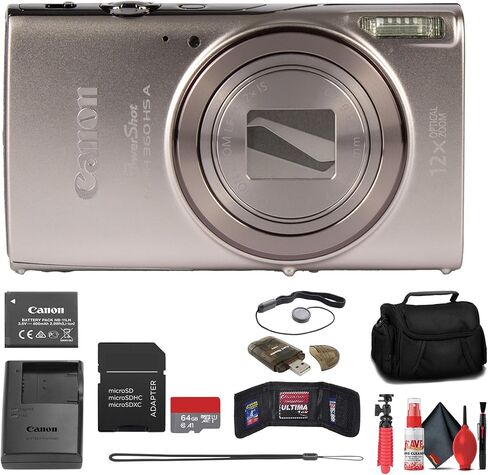 Canon PowerShot ELPH 360 HS A Digital Camera (Silver) (7283C001) + 64GB Memory Card + Case + Card Reader + Flex Tripod + Memory Wallet + Cap Keeper + Cleaning Kit in Saudi Arabia