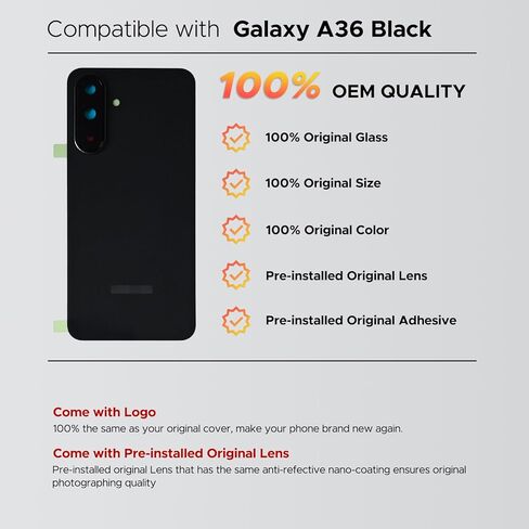 GREEN FUSION Compatible with Galaxy A36 Back Cover Replacement, A36 SM-A366U/U1/B/E Back Housing Door with Pre-Installed Camera Lens, Repair Tools & Instruction, Black in Saudi Arabia