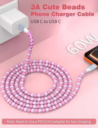 USB C to USB C Cable 6FT,60W Fast Charging Beaded Charger Cord for iPhone 17 16 15 Pro Max/iPad Pro Air 11th for Samsung S26 S25 S24 Ultra S23 A16/Android Phone Charger Cord Cute Girl Women,Light-Pink in Saudi Arabia