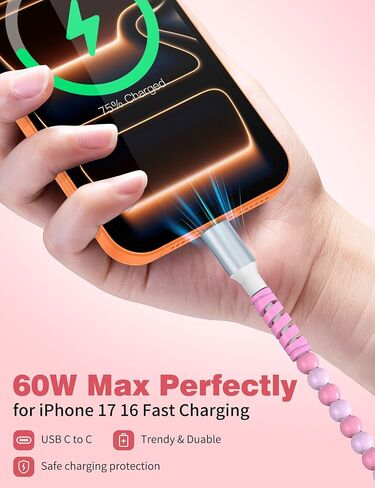 USB C to USB C Cable 6FT,60W Fast Charging Beaded Charger Cord for iPhone 17 16 15 Pro Max/iPad Pro Air 11th for Samsung S26 S25 S24 Ultra S23 A16/Android Phone Charger Cord Cute Girl Women,Light-Pink in Saudi Arabia