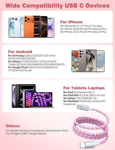 USB C to USB C Cable 6FT,60W Fast Charging Beaded Charger Cord for iPhone 17 16 15 Pro Max/iPad Pro Air 11th for Samsung S26 S25 S24 Ultra S23 A16/Android Phone Charger Cord Cute Girl Women,Light-Pink in Saudi Arabia