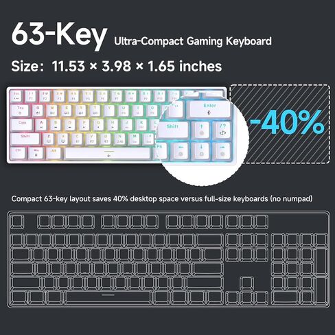 DIERYA DK63 60% Wireless Mechanical Gaming Keyboard | Bluetooth/2.4G/Wired Keyboard | RGB Backlit Compact 63 Keys Mini Office Keyboard | with Red Switch | for Windows Laptop PC Gamer Typist-White in Saudi Arabia