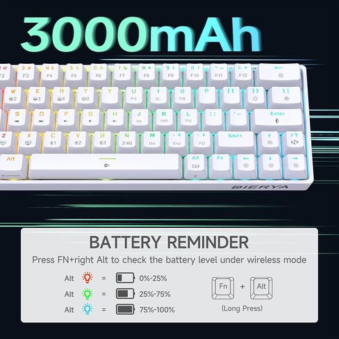DIERYA DK63 60% Wireless Mechanical Gaming Keyboard | Bluetooth/2.4G/Wired Keyboard | RGB Backlit Compact 63 Keys Mini Office Keyboard | with Red Switch | for Windows Laptop PC Gamer Typist-White in Saudi Arabia