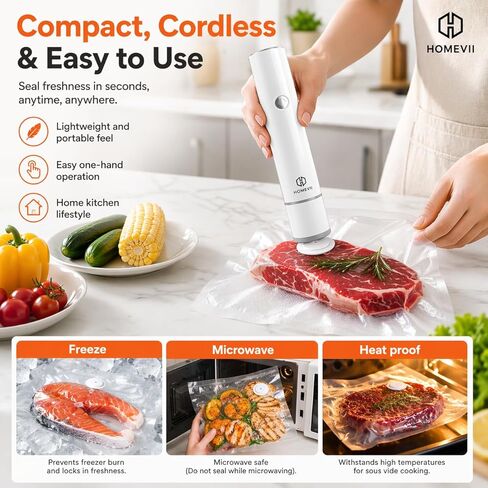 Compact Vacuum Sealer For Food (Vacuum Sealer Machine + 30 Reusable Vacuum Bags) One Touch Operation Sous Vide Portable Vacuum Sealer For Home Kitchen And Travel- USB Rechargeable in Saudi Arabia