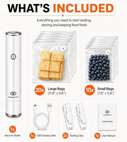 Compact Vacuum Sealer For Food (Vacuum Sealer Machine + 30 Reusable Vacuum Bags) One Touch Operation Sous Vide Portable Vacuum Sealer For Home Kitchen And Travel- USB Rechargeable in Saudi Arabia
