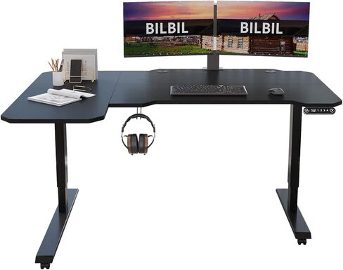 bilbil 63 x 30 Inches Electric Standing Desk, Height Adjustable Sit Stand Table with Splice Board, Stand up Home Office Desk, White Frame/Oak and White Top in Saudi Arabia