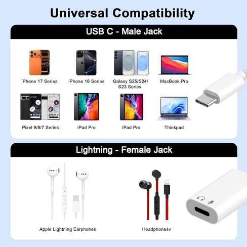 [Apple MFi Certified] USB C to Lightning Headphone Audio Adapter,2 Pack Type C Male to Female Lightning Earphone Converter, Compatible with iPhone 17/16/15 Plus/Pro/Max, iPad, MacBook in Saudi Arabia