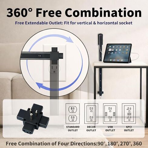 Outlet Extender Stick Hard-to-Reach, Extendable 8.3–36.1 in Slim Wall Outlet Extender with 2 AC Outlets, 2 USB-A & 1 USB-C, Low-Profile Power Stick for Behind Couch, Bed, Desk & Tight Spaces in Saudi Arabia