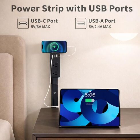 Outlet Extender Stick Hard-to-Reach, Extendable 8.3–36.1 in Slim Wall Outlet Extender with 2 AC Outlets, 2 USB-A & 1 USB-C, Low-Profile Power Stick for Behind Couch, Bed, Desk & Tight Spaces in Saudi Arabia