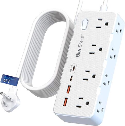 شريط طاقة لحماية سلك تمديد بطول 6 أقدام، قابس مسطح مع 8 منافذ تيار متردد و4 منافذ USB (2 USB C، 1 PD 20 وات شحن سريع)، 1050 جول، 1875 وات/13 أمبير، مدرج في قائمة ETL، حامل على الحائط للمنزل والمكتب in Kuwait