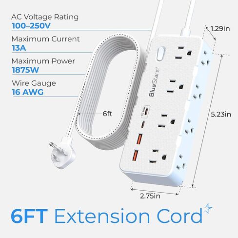 شريط طاقة لحماية سلك تمديد بطول 6 أقدام، قابس مسطح مع 8 منافذ تيار متردد و4 منافذ USB (2 USB C، 1 PD 20 وات شحن سريع)، 1050 جول، 1875 وات/13 أمبير، مدرج في قائمة ETL، حامل على الحائط للمنزل والمكتب in Kuwait