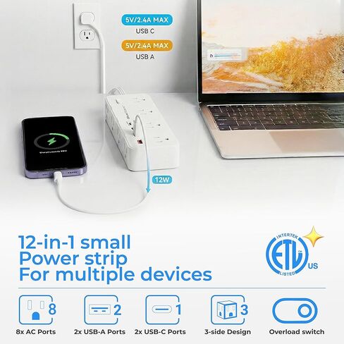 شريط طاقة لحماية سلك تمديد بطول 6 أقدام، قابس مسطح مع 8 منافذ تيار متردد و4 منافذ USB (2 USB C، 1 PD 20 وات شحن سريع)، 1050 جول، 1875 وات/13 أمبير، مدرج في قائمة ETL، حامل على الحائط للمنزل والمكتب in Kuwait