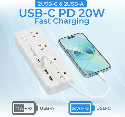 شريط طاقة لحماية سلك تمديد بطول 6 أقدام، قابس مسطح مع 8 منافذ تيار متردد و4 منافذ USB (2 USB C، 1 PD 20 وات شحن سريع)، 1050 جول، 1875 وات/13 أمبير، مدرج في قائمة ETL، حامل على الحائط للمنزل والمكتب in Kuwait