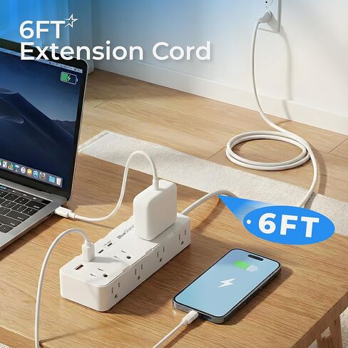 شريط طاقة لحماية سلك تمديد بطول 6 أقدام، قابس مسطح مع 8 منافذ تيار متردد و4 منافذ USB (2 USB C، 1 PD 20 وات شحن سريع)، 1050 جول، 1875 وات/13 أمبير، مدرج في قائمة ETL، حامل على الحائط للمنزل والمكتب in Kuwait