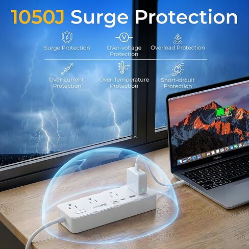 شريط طاقة لحماية سلك تمديد بطول 6 أقدام، قابس مسطح مع 8 منافذ تيار متردد و4 منافذ USB (2 USB C، 1 PD 20 وات شحن سريع)، 1050 جول، 1875 وات/13 أمبير، مدرج في قائمة ETL، حامل على الحائط للمنزل والمكتب in Kuwait