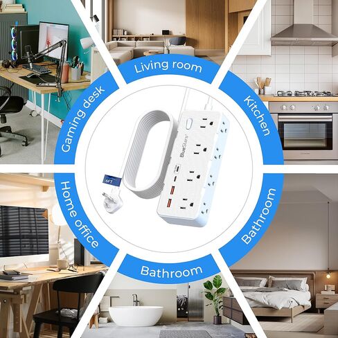 شريط طاقة لحماية سلك تمديد بطول 6 أقدام، قابس مسطح مع 8 منافذ تيار متردد و4 منافذ USB (2 USB C، 1 PD 20 وات شحن سريع)، 1050 جول، 1875 وات/13 أمبير، مدرج في قائمة ETL، حامل على الحائط للمنزل والمكتب in Kuwait