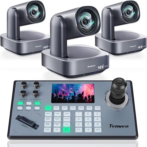 Tenveo 4K NDI PTZ Camera and Controller Bundle, AI Auto-Tracking HDMI/USB3.0/LAN/PoE 4K PTZ Camera(3PCS) and PTZ Controller PoE Joystick Controller Kit for Church Live Streaming Broadcast Events in Kuwait