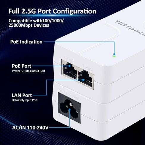 PoE+ Injector 2.5 جيجا بايت، يحول Non-PoE إلى PoE، 100/1000/2500 ميجابت في الثانية ومتوافق مع 802.3at/af، التوصيل والتشغيل، حتى 100 متر (328 قدمًا)، محول PoE 52 فولت 30 وات لكاميرا IP/هاتف IP/نظام التحكم في الوصول in Kuwait