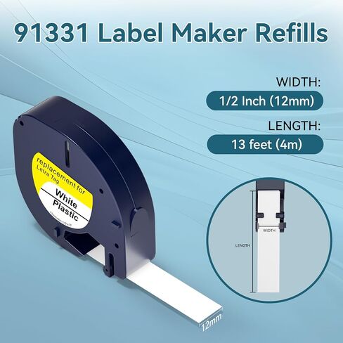 استبدال عبوات Dymo LetraTag 91331 - إعادة تعبئة صانع ملصقات Dymo Letra - شريط ملصقات بلاستيكي أسود على أبيض 1/2 بوصة × 13 بوصة لـ LT-100H، LT-100T Plus، LT-200B، QX50 (6 عبوات) in Kuwait