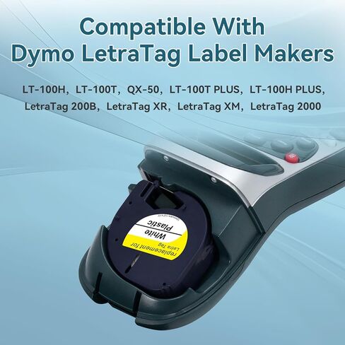 استبدال عبوات Dymo LetraTag 91331 - إعادة تعبئة صانع ملصقات Dymo Letra - شريط ملصقات بلاستيكي أسود على أبيض 1/2 بوصة × 13 بوصة لـ LT-100H، LT-100T Plus، LT-200B، QX50 (6 عبوات) in Kuwait
