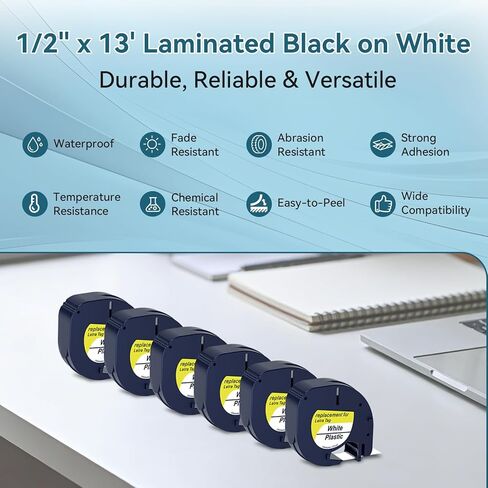 استبدال عبوات Dymo LetraTag 91331 - إعادة تعبئة صانع ملصقات Dymo Letra - شريط ملصقات بلاستيكي أسود على أبيض 1/2 بوصة × 13 بوصة لـ LT-100H، LT-100T Plus، LT-200B، QX50 (6 عبوات) in Kuwait