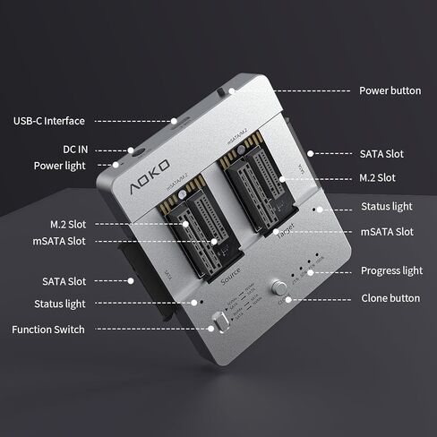 محطة إرساء القرص الصلب الكل في واحد من AOKO، ناسخة شبيهة لمحرك الأقراص الصلبة SATA إلى NVMe وNVMe إلى NVMe ssd، قارئ mSATA ssd خارجي وحاوية محول m.2 إلى USB، يدعم 16 وضعًا للاستنساخ دون اتصال بالإنترنت in Kuwait