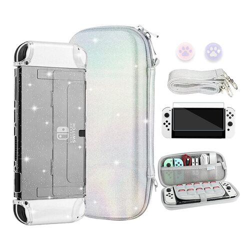 FANPL Glitter Case bundle for Nintendo Switch Accessories, Rainbow Sparkle Carrying Cover for Switch & Joy Con Controller with Hard Protective Skin and Screen protector, 2 Thumb Grips, Shoulder Strap in Saudi Arabia