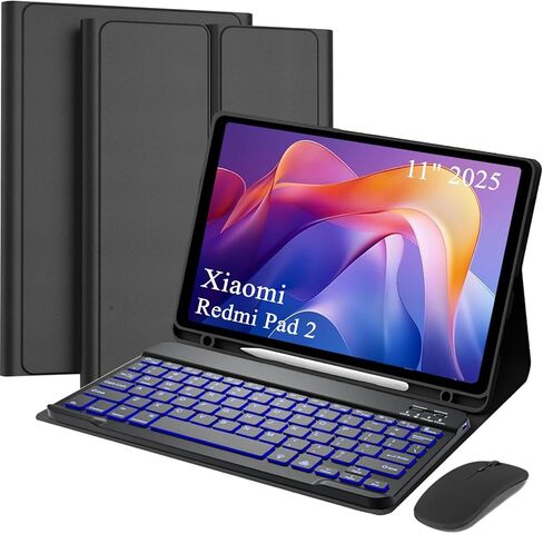 حافظة لوحة مفاتيح قابلة للفصل مع ماوس لاسلكي لجهاز Xiaomi Redmi Pad 2 11 بوصة 2025، 7 ألوان حافظة لوحة مفاتيح مغناطيسية بإضاءة خلفية لجهاز Redmi Pad 2 11 بوصة 2025 مع حامل قلم، 3 زوايا للتعديل، أسود in Kuwait