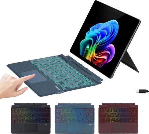 لوحة مفاتيح جلدية من الألياف الدقيقة لجهاز Surface Pro 11/10/9/8/X، غطاء من نوع لوحة مفاتيح بلوتوث مع لوحة لمس مقاومة لراحة اليد، حامل قلم، شحن من النوع C، إضاءة خلفية بـ 7 ألوان لجهاز Microsoft Surface Pro in Kuwait