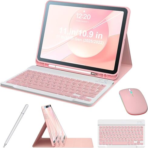 حافظة لوحة المفاتيح لجهاز iPad 11th 11inch A16 2025 وiPad 10th 10.9 في 2022، غطاء فوليو للوحة مفاتيح بلوتوث لاسلكية قابلة للفصل مع حامل قلم رصاص، يتضمن قلم لمس سعوي للماوس اللاسلكي، وردي in Kuwait