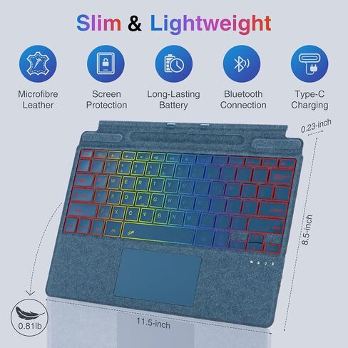لوحة مفاتيح جلدية من الألياف الدقيقة لجهاز Surface Pro 11/10/9/8/X، غطاء من نوع لوحة مفاتيح بلوتوث مع لوحة لمس مقاومة لراحة اليد، حامل قلم، شحن من النوع C، إضاءة خلفية بـ 7 ألوان لجهاز Microsoft Surface Pro in Kuwait