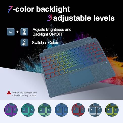 لوحة مفاتيح جلدية من الألياف الدقيقة لجهاز Surface Pro 11/10/9/8/X، غطاء من نوع لوحة مفاتيح بلوتوث مع لوحة لمس مقاومة لراحة اليد، حامل قلم، شحن من النوع C، إضاءة خلفية بـ 7 ألوان لجهاز Microsoft Surface Pro in Kuwait