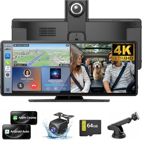 Wireless Carplay Screen for Car,10.26" Portable Apple Carplay and Android auto，4K Dash Cam with Rotatable Lens, 1080P Backup Camera, GPS Navigation, Mirror Link, Siri & Voice Control in Saudi Arabia