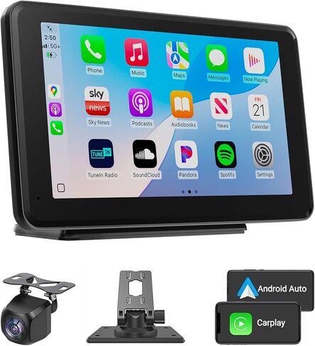 Wireless CarPlay & Android Auto Car Stereo - 7" HD Portable Touchscreen with Bluetooth 5.2, GPS Navigation, Mirror Link, 1080P Backup Camera, AUX & FM Transmitter - Plug & Play Receiver for Vehicles in Saudi Arabia