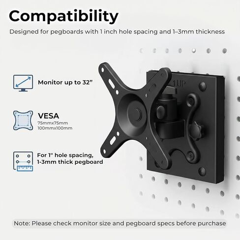 Adjustable Monitor Pegboard Mount for 13" to 32" Screen VESA 75x75 100x100 Monitor Pegboard Panels Mount for Pegboard with 1 inch Hole Spacing and 1-3 mm Thick 360° Rotate Monitor Bracket for Pegboard in Saudi Arabia