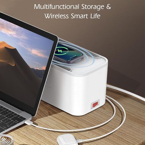 قطاع الطاقة مع صندوق إدارة الكابلات، صندوق إخفاء السلك مع 5 تيار متردد، 3 منافذ USB وشحن لاسلكي، سلك تمديد مسطح بطول 6.5 قدم، محطة شحن منظم سلك الطاقة للمنزل والمكتب والنوم in Kuwait