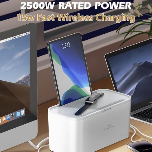 قطاع الطاقة مع صندوق إدارة الكابلات، صندوق إخفاء السلك مع 5 تيار متردد، 3 منافذ USB وشحن لاسلكي، سلك تمديد مسطح بطول 6.5 قدم، محطة شحن منظم سلك الطاقة للمنزل والمكتب والنوم in Kuwait