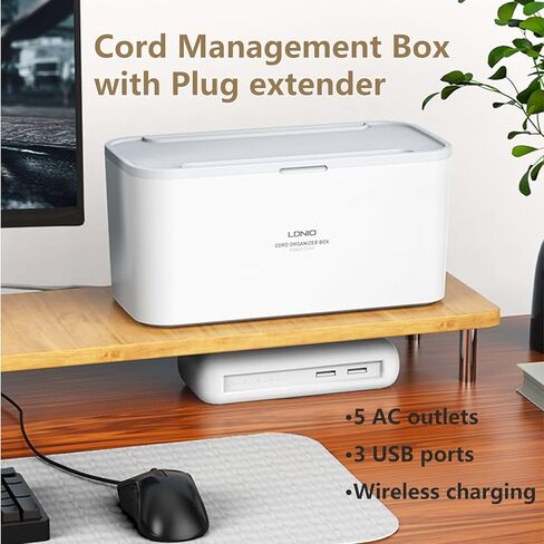 قطاع الطاقة مع صندوق إدارة الكابلات، صندوق إخفاء السلك مع 5 تيار متردد، 3 منافذ USB وشحن لاسلكي، سلك تمديد مسطح بطول 6.5 قدم، محطة شحن منظم سلك الطاقة للمنزل والمكتب والنوم in Kuwait