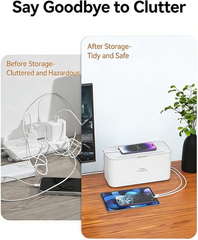 قطاع الطاقة مع صندوق إدارة الكابلات، صندوق إخفاء السلك مع 5 تيار متردد، 3 منافذ USB وشحن لاسلكي، سلك تمديد مسطح بطول 6.5 قدم، محطة شحن منظم سلك الطاقة للمنزل والمكتب والنوم in Kuwait