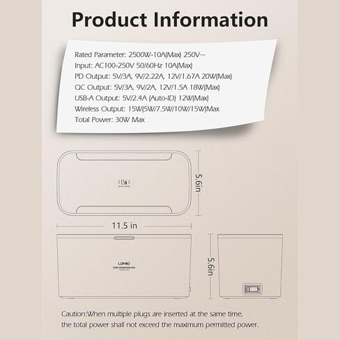 قطاع الطاقة مع صندوق إدارة الكابلات، صندوق إخفاء السلك مع 5 تيار متردد، 3 منافذ USB وشحن لاسلكي، سلك تمديد مسطح بطول 6.5 قدم، محطة شحن منظم سلك الطاقة للمنزل والمكتب والنوم in Kuwait