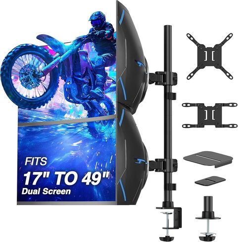 AVLT Dual 49 Inch Stacking Monitor Pole Mount - Stack 44 lbs Super Ultrawide Screens on Heavy-Duty Pole, Height Tilt Swivel Rotate Adjustment, C-clamp and Grommet Mounting Base, VESA Compatible in Saudi Arabia