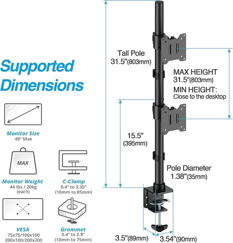 AVLT Dual 49 Inch Stacking Monitor Pole Mount - Stack 44 lbs Super Ultrawide Screens on Heavy-Duty Pole, Height Tilt Swivel Rotate Adjustment, C-clamp and Grommet Mounting Base, VESA Compatible in Saudi Arabia