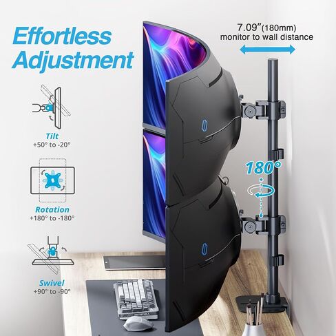AVLT Dual 49 Inch Stacking Monitor Pole Mount - Stack 44 lbs Super Ultrawide Screens on Heavy-Duty Pole, Height Tilt Swivel Rotate Adjustment, C-clamp and Grommet Mounting Base, VESA Compatible in Saudi Arabia