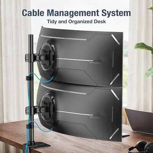 AVLT Dual 49 Inch Stacking Monitor Pole Mount - Stack 44 lbs Super Ultrawide Screens on Heavy-Duty Pole, Height Tilt Swivel Rotate Adjustment, C-clamp and Grommet Mounting Base, VESA Compatible in Saudi Arabia