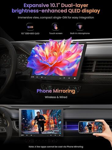 ATOTOZONE A5L 10 بوصة Single DIN & Double DIN Android Car Stereo، CarPlay اللاسلكي وAndroid Auto، شاشة عائمة قابلة للتعديل راديو QLED، توصيل WiFi/BT/USB، مخرج HDMI، ChatGPT AI، DSP/GPS، كاميرا احتياطية in Kuwait