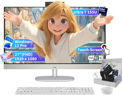 كمبيوتر مكتبي HP All-in-One يعمل باللمس - شاشة 27 بوصة FHD IPS LED تعمل باللمس، Intel 12-Core Ultra 7-155U، ذاكرة الوصول العشوائي DDR5 سعة 64 جيجابايت، 2 تيرابايت SSD، Windows 11 Pro، ارتفاع قابل للتعديل، WiFi 6، أبيض in Saudi Arabia