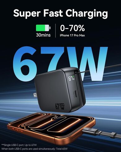 شاحن USB C قابل للسحب، شاحن سريع بمنفذين بقدرة 67 وات مع كابلات قابلة للسحب ومقبس قابل للطي، ومحول حائط PD/PPS لسلسلة iPhone 17/16/15/MacBook Air/Airpods 4/Galaxy S26/S25 in Saudi Arabia