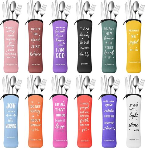 Hushee 12 Set Christian Gifts Christian Portable Travel Cutlery Set Inspirational Religious Mothers Day Gifts Bulk for Women Church Bible Verse Presents Reusable Flatware Sets(Cute,Pastel) in Saudi Arabia
