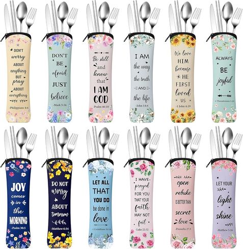 Hushee 12 Set Christian Gifts Christian Portable Travel Cutlery Set Inspirational Religious Mothers Day Gifts Bulk for Women Church Bible Verse Presents Reusable Flatware Sets(Cute,Pastel) in Saudi Arabia
