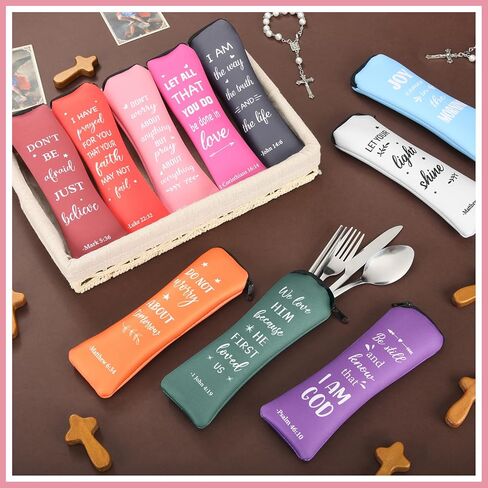 Hushee 12 Set Christian Gifts Christian Portable Travel Cutlery Set Inspirational Religious Mothers Day Gifts Bulk for Women Church Bible Verse Presents Reusable Flatware Sets(Cute,Pastel) in Saudi Arabia